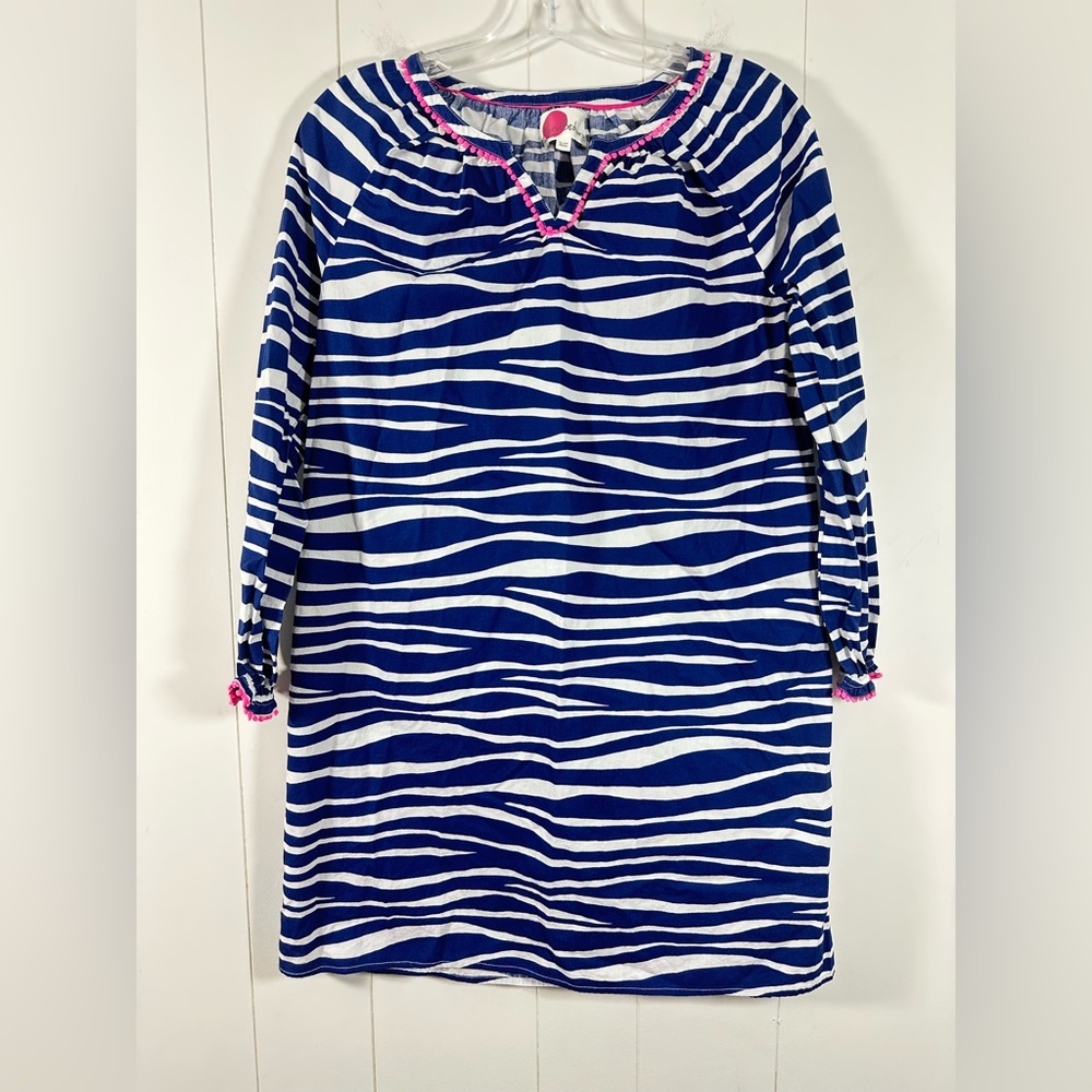 Mini Boden Girls Sz 13-14Y Zebra Animal Print Dress Navy Hot Pink Details V Neck